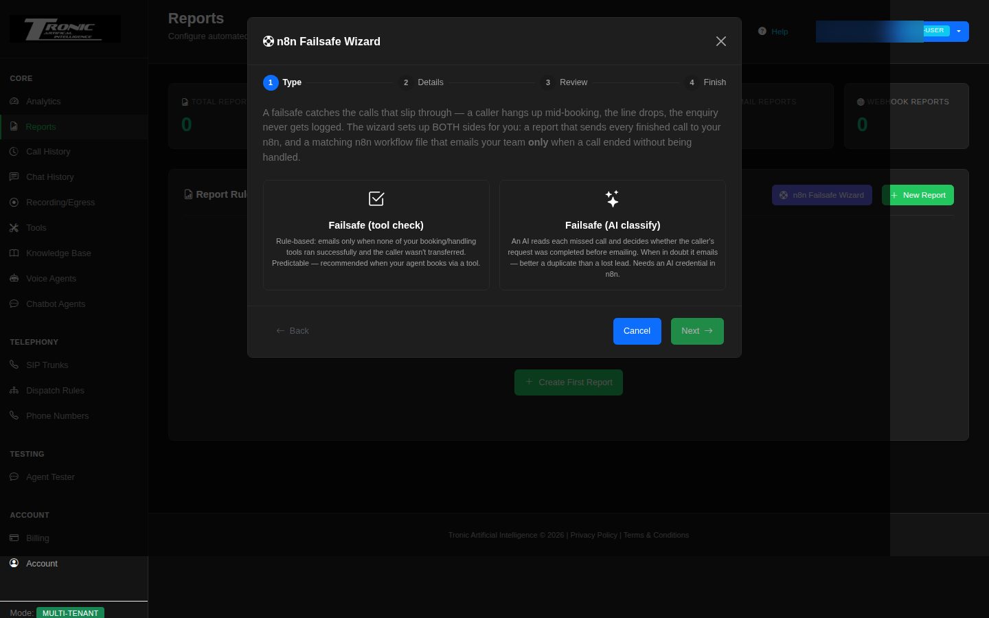 The Failsafe Wizard — pick how a lost call is detected, choose the agents to watch, and say who gets alerted.