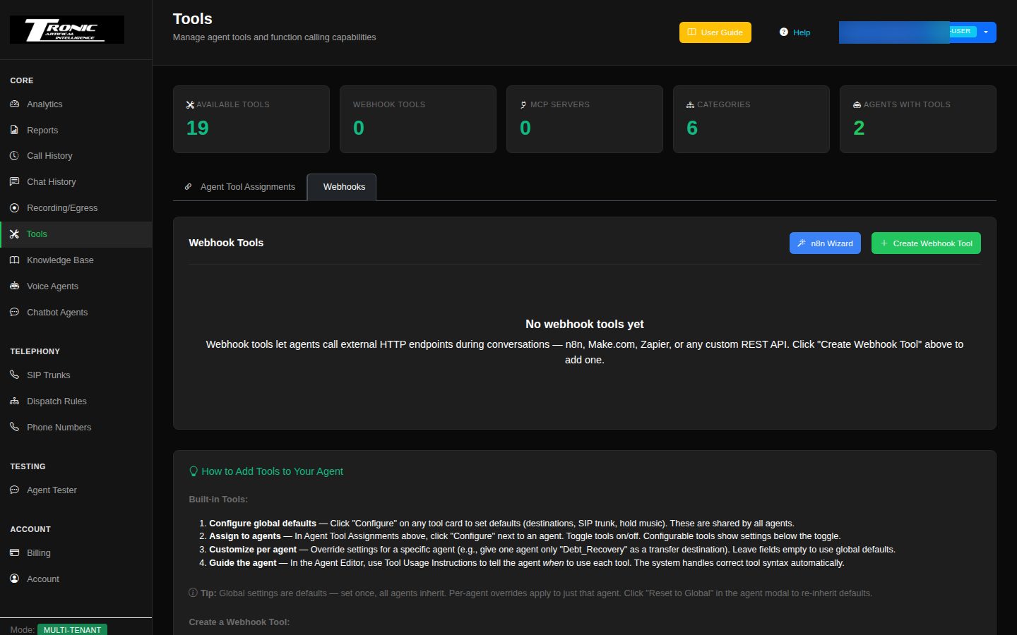 The Webhooks tab. The n8n Wizard button is the guided route; Create Webhook Tool is the manual one.