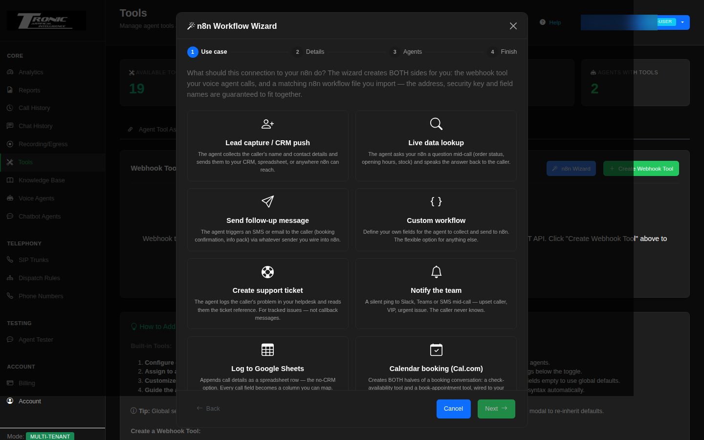 Step 1 of the n8n Wizard — pick the job, and it builds the tool and the matching workflow.