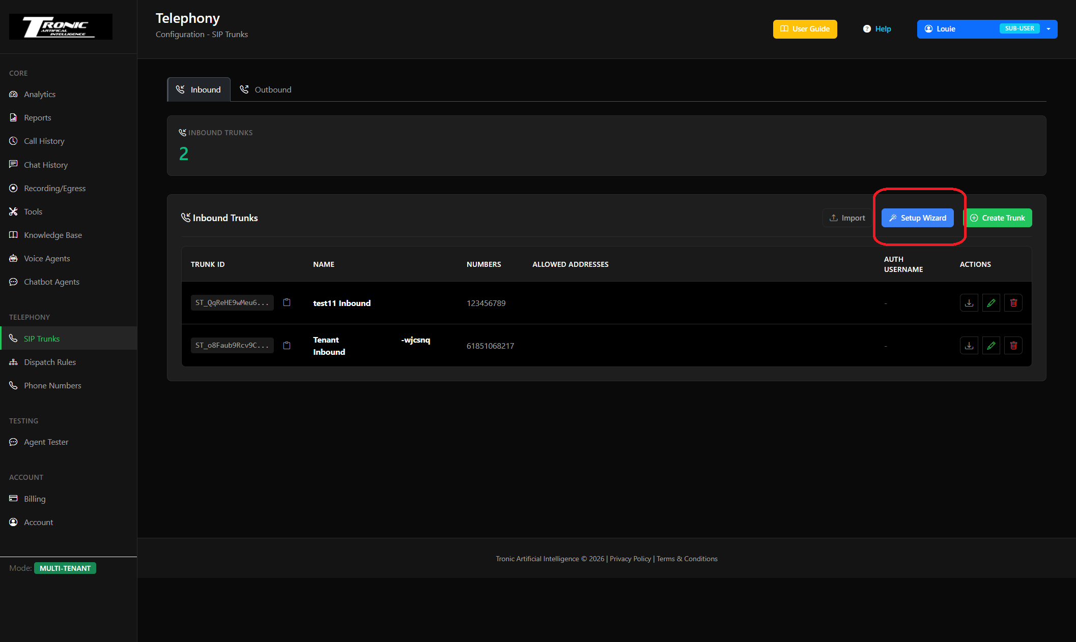 Tronic Cloud dashboard - Telephony, SIP Trunks, Inbound tab with the Setup Wizard button
