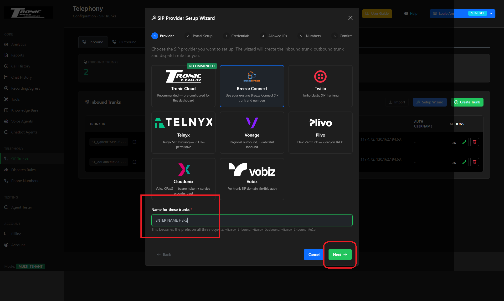 SIP Provider Setup Wizard - Provider step with Breeze Connect selected and a name field
