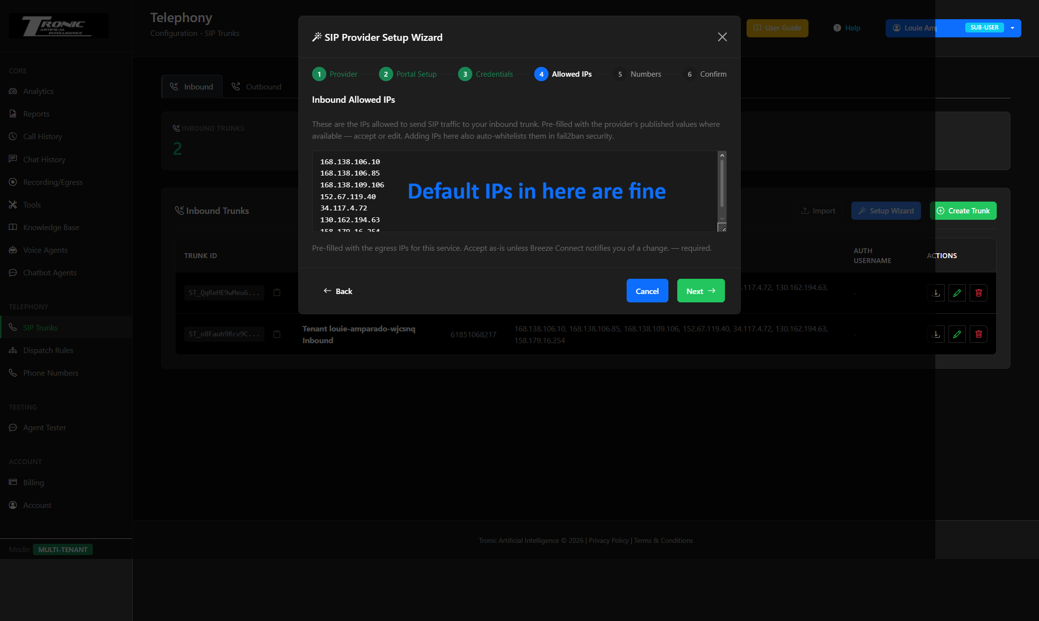 SIP Provider Setup Wizard - Allowed IPs step pre-filled with Breeze Connect egress IPs